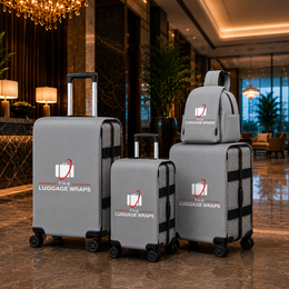 Trois valises à roulettes grises avec des enveloppes grises et un sac à dos assorti avec des sangles noires et la marque visible « THE LUGGAGE WRAPS », exposées dans un hall d’hôtel luxueux.