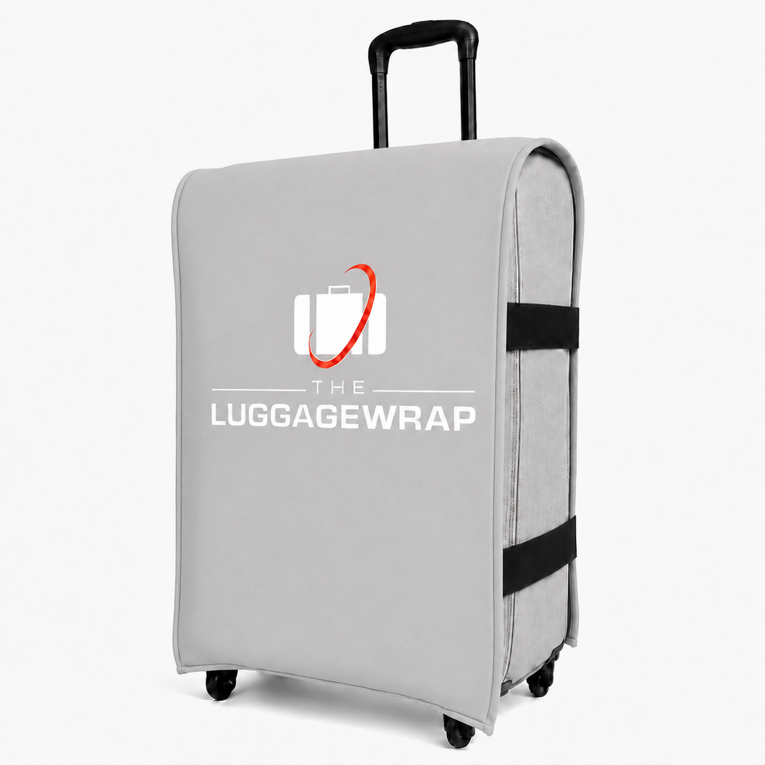 Funda gris para maletas con el logotipo de «The Luggage Wrap» sobre fondo blanco
