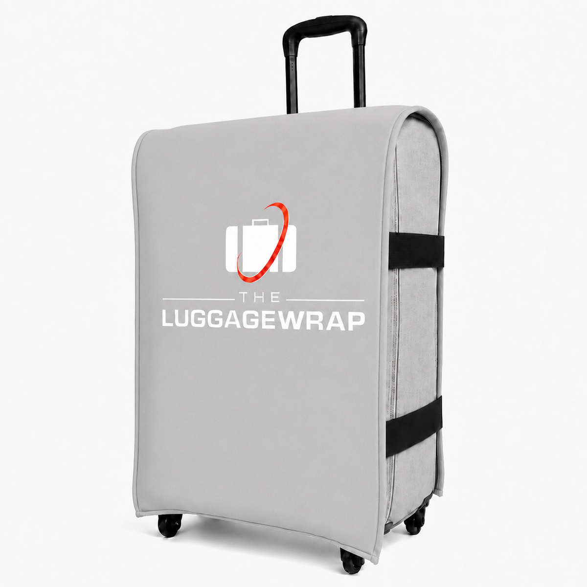 Gray luggage wrap cover with 'The Luggage Wrap' logo on a white background