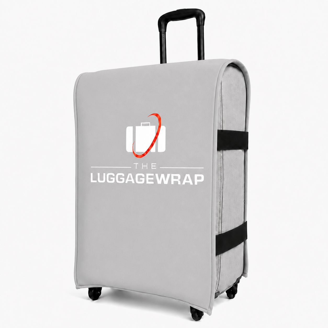 白い背景に「The Luggage Wrap」のロゴが入ったグレーのスーツケース用カバー