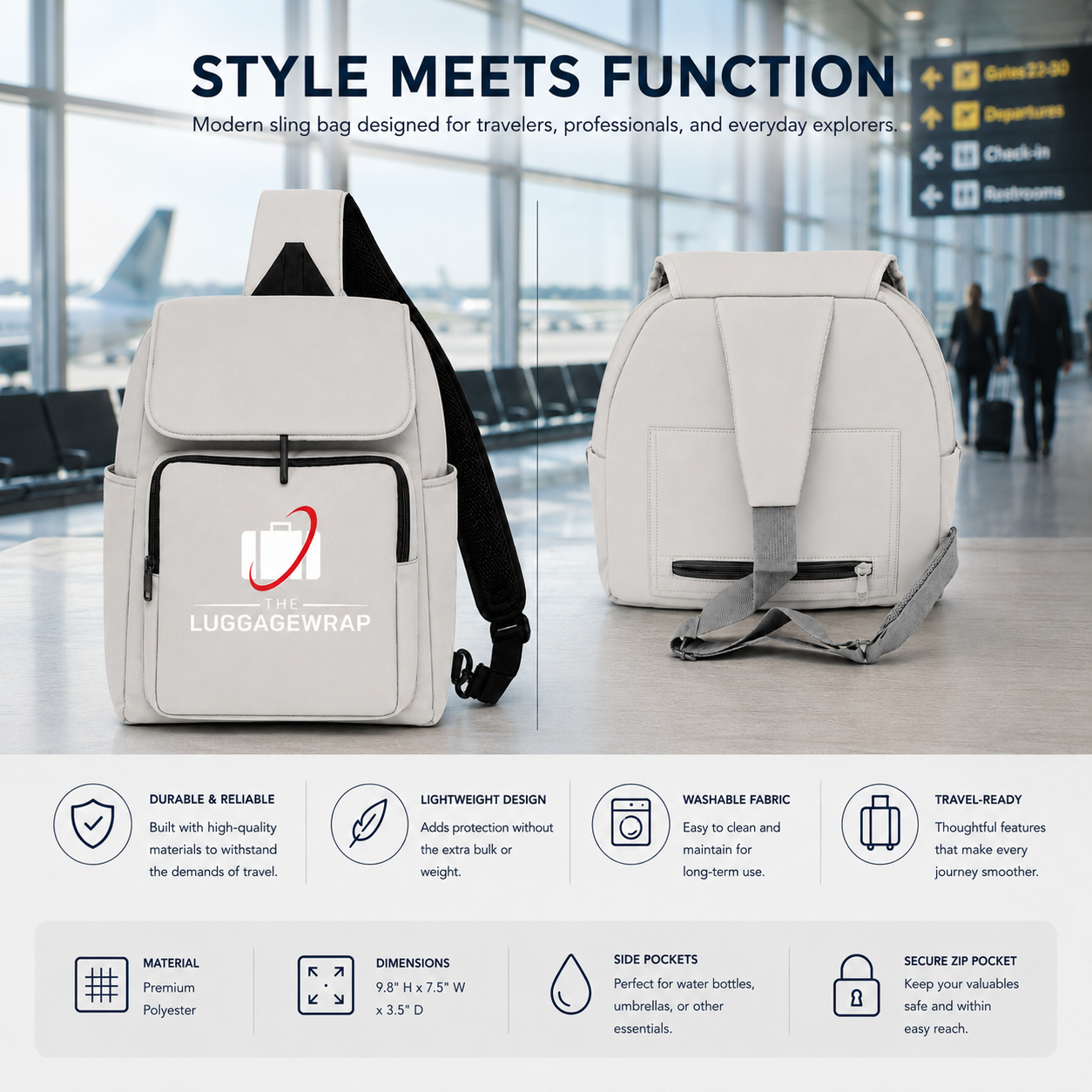 Un sac à dos de voyage gris clair Luggagewrap visible à l’avant et à l’arrière d’un terminal d’aéroport moderne. L’image comprend un texte marketing en haut et une grille de résumé en bas détaillant les attributs du produit.
