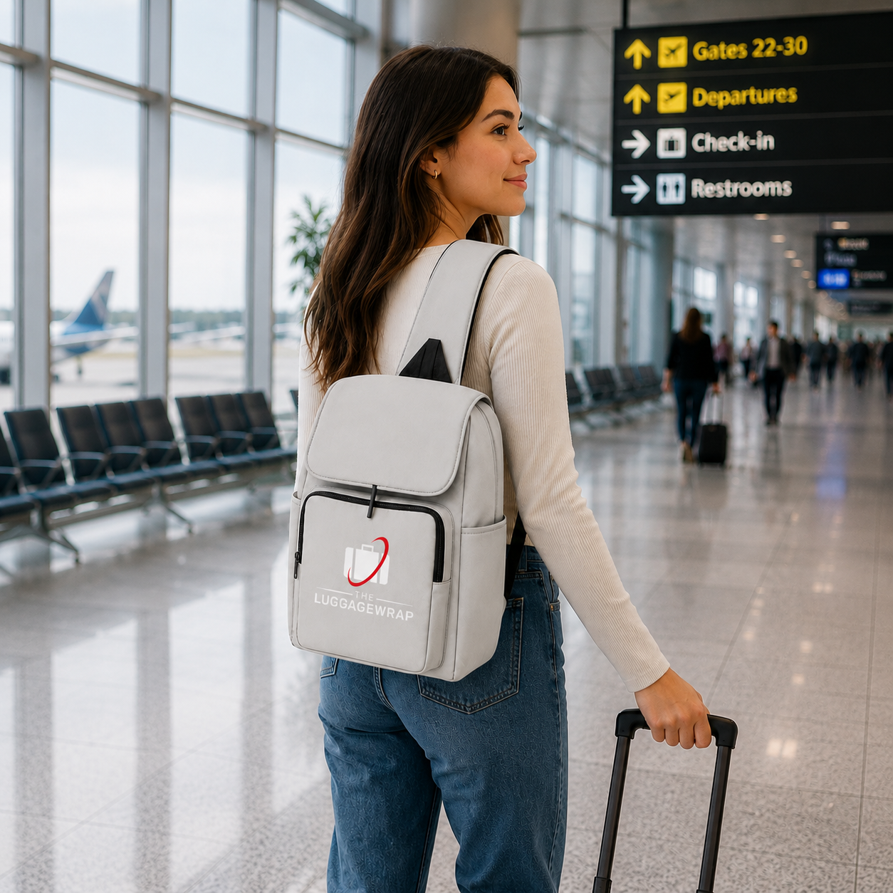 Une femme en haut blanc à manches longues et jeans bleus se tient dans un terminal d’aéroport, portant un sac à dos gris clair avec un logo visible « LUGAGEWRAP » sur la poche avant. Elle tient une valise noire à roulettes, avec des panneaux d’aéroport et des sièges visibles en arrière-plan.