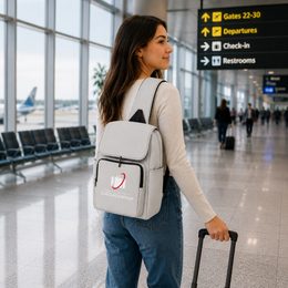Une femme en haut blanc à manches longues et jeans bleus se tient dans un terminal d’aéroport, portant un sac à dos gris clair avec un logo visible « LUGAGEWRAP » sur la poche avant. Elle tient une valise noire à roulettes, avec des panneaux d’aéroport et des sièges visibles en arrière-plan.