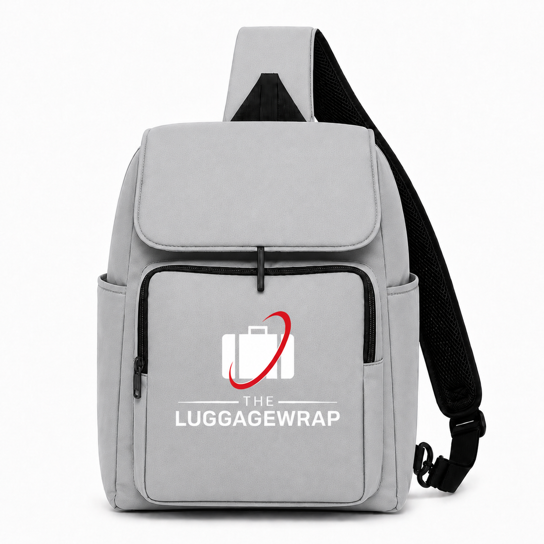 Sac à dos gris Sling avec un logo sur fond blanc 