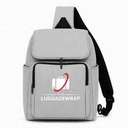 Sac à dos gris Sling avec un logo sur fond blanc 