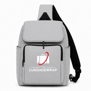 Gray Sling bag backpack with a logo on a white background 