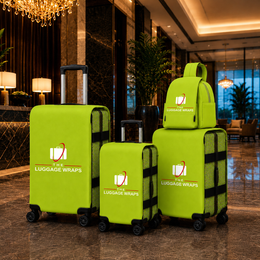 高級ホテルのロビーを舞台に、キャスター付きスーツケースとバックパックに、The Luggage Wrapsの鮮やかなライムグリーンのラゲッジラップ3点と、それに合わせたスリングバッグ・バックパックのセットが展示されている。