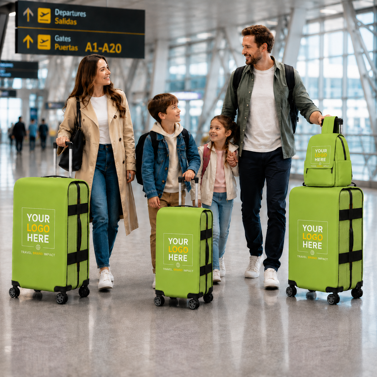 Una familia con maletas de color verde lima se prepara en un aeropuerto, lista para viajar.