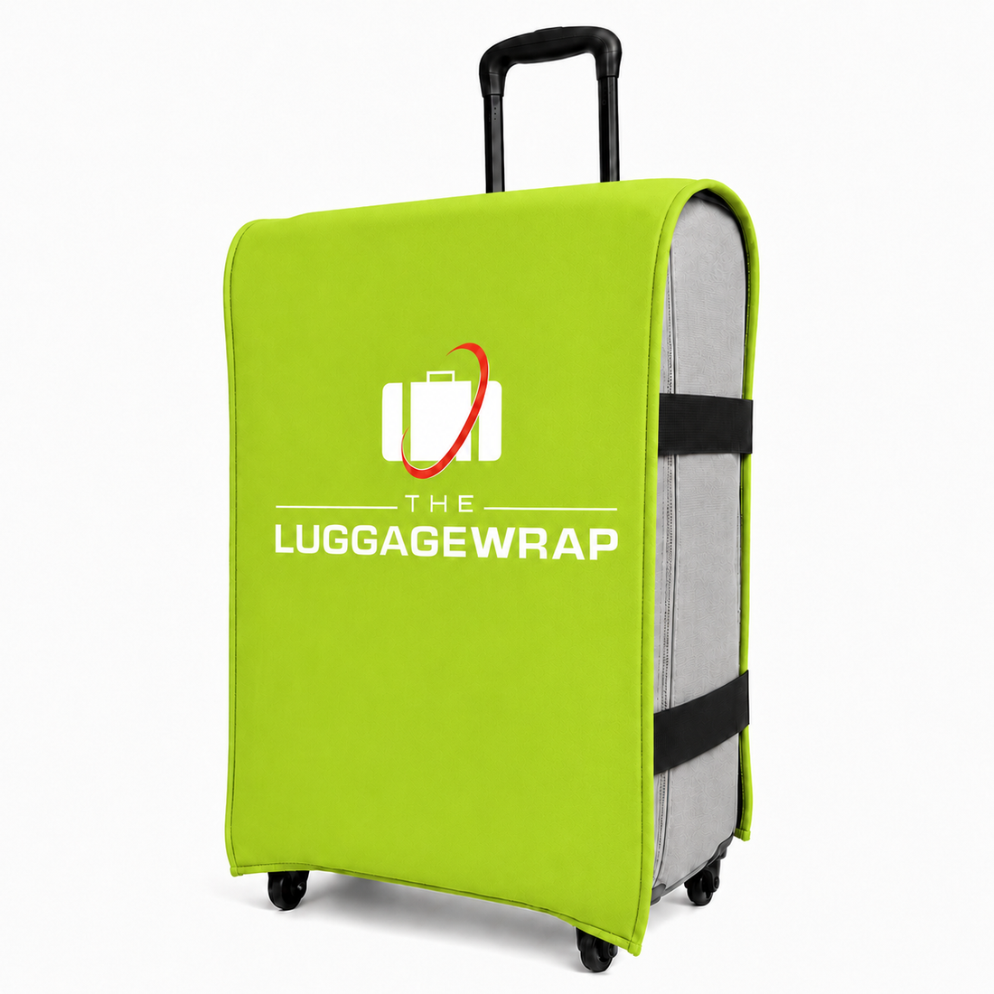 Funda para maletas de color verde lima con el logotipo de «The Luggage Wrap» sobre fondo blanco
