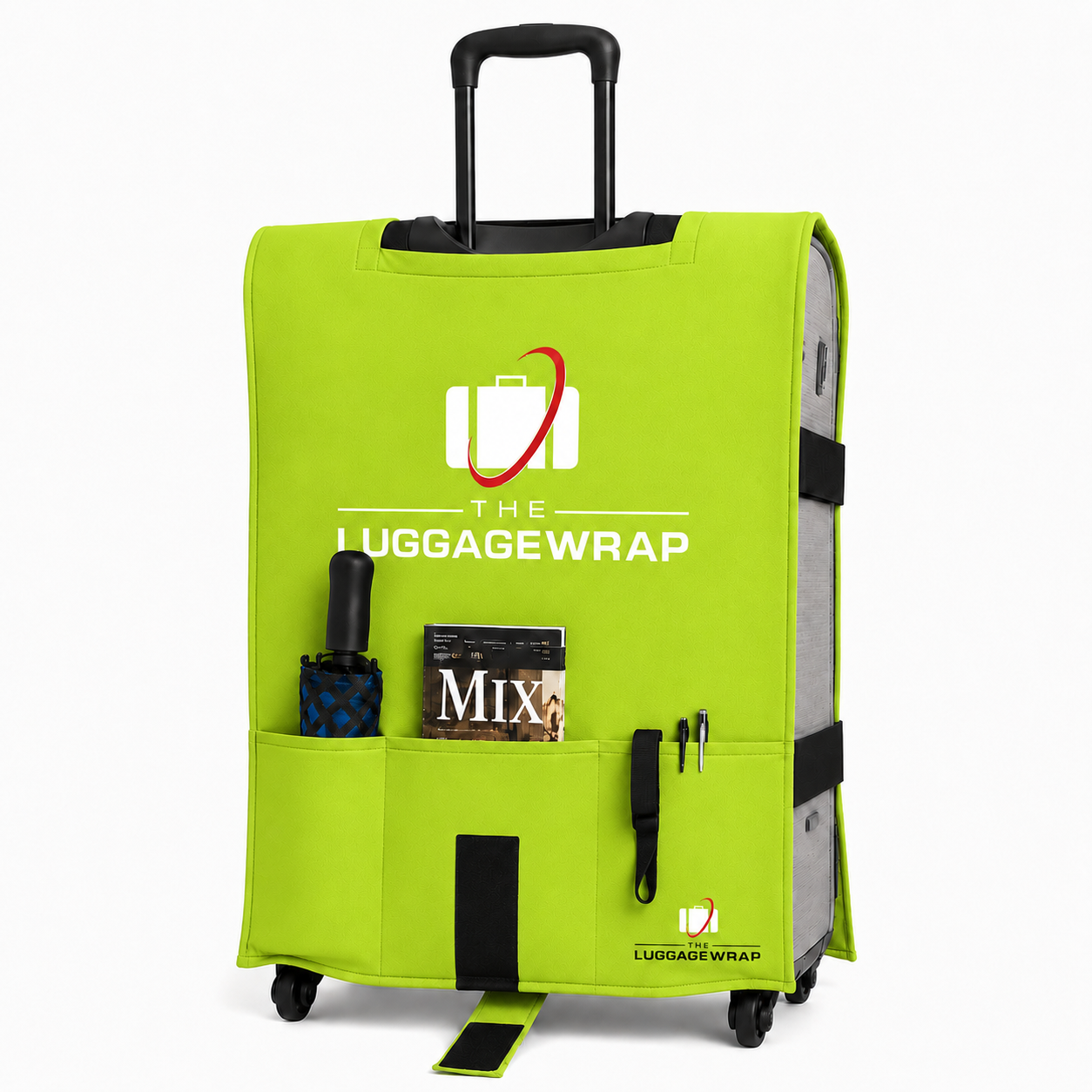 Funda verde para maletas con bolsillos y ruedas sobre fondo blanco