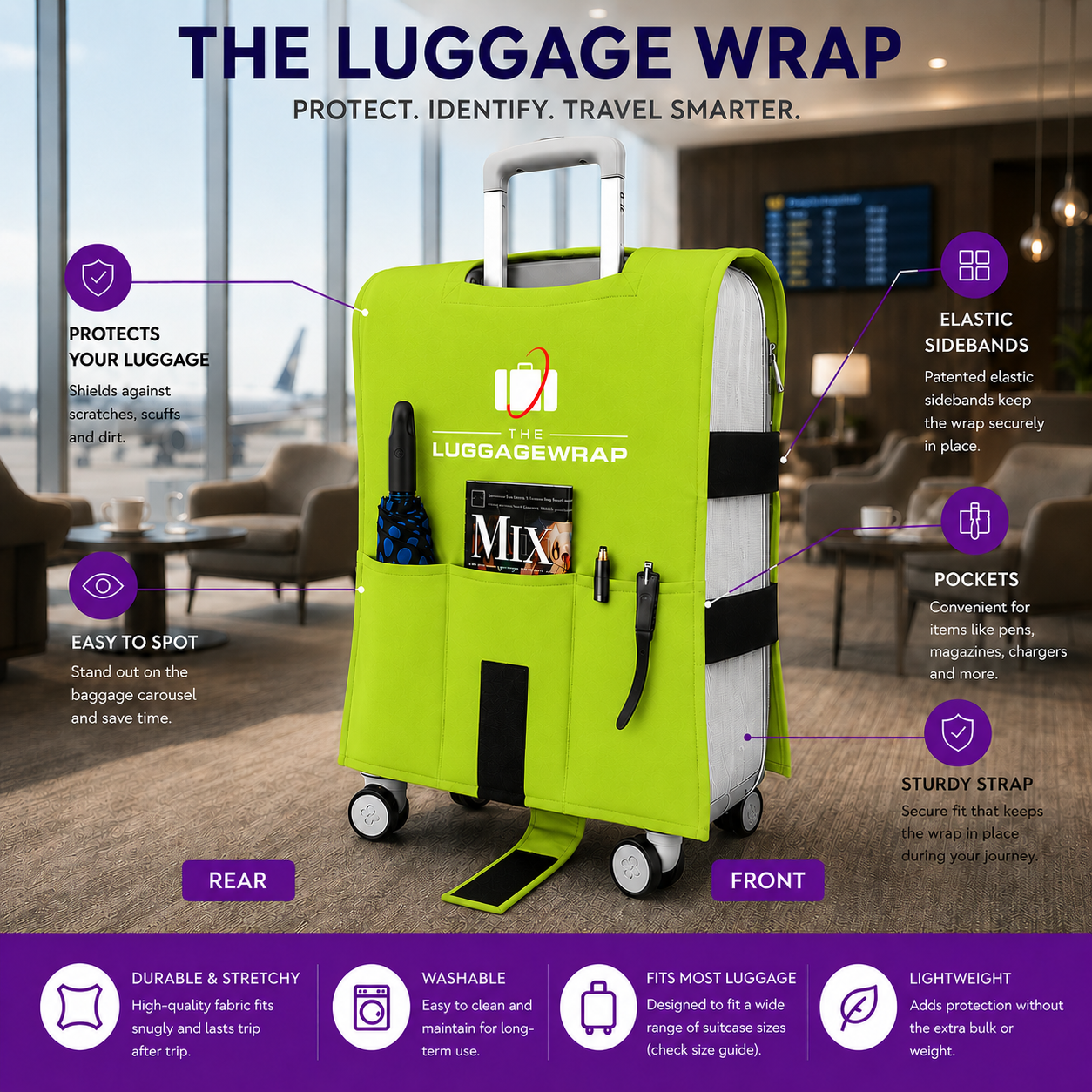 Funda para equipaje en color verde lima, con sus características destacadas en un entorno de viaje