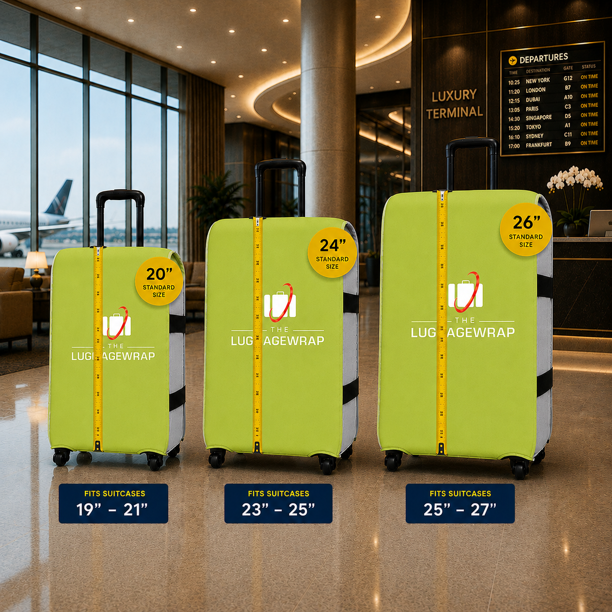 Tres fundas protectoras para maletas de color verde lima, colocadas sobre unas maletas en el vestíbulo de un hotel, con etiquetas de tamaño de 19"-21", 23"-25" y 26"-27". Las fundas presentan un gráfico de una cinta métrica vertical amarilla y un icono blanco de maleta con un detalle en naranja.