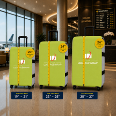 Tres fundas protectoras para maletas de color verde lima, colocadas sobre unas maletas en el vestíbulo de un hotel, con etiquetas de tamaño de 19"-21", 23"-25" y 26"-27". Las fundas presentan un gráfico de una cinta métrica vertical amarilla y un icono blanco de maleta con un detalle en naranja.