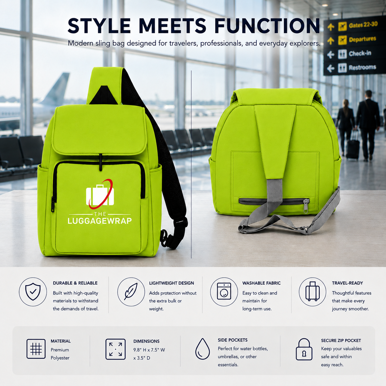 モダンな空港ターミナルを背景に、鮮やかなライムグリーンの「LuggageWrap」トラベルスリングバックパックを正面と背面から撮影した写真。下部には説明文やアイコンが配置されている。