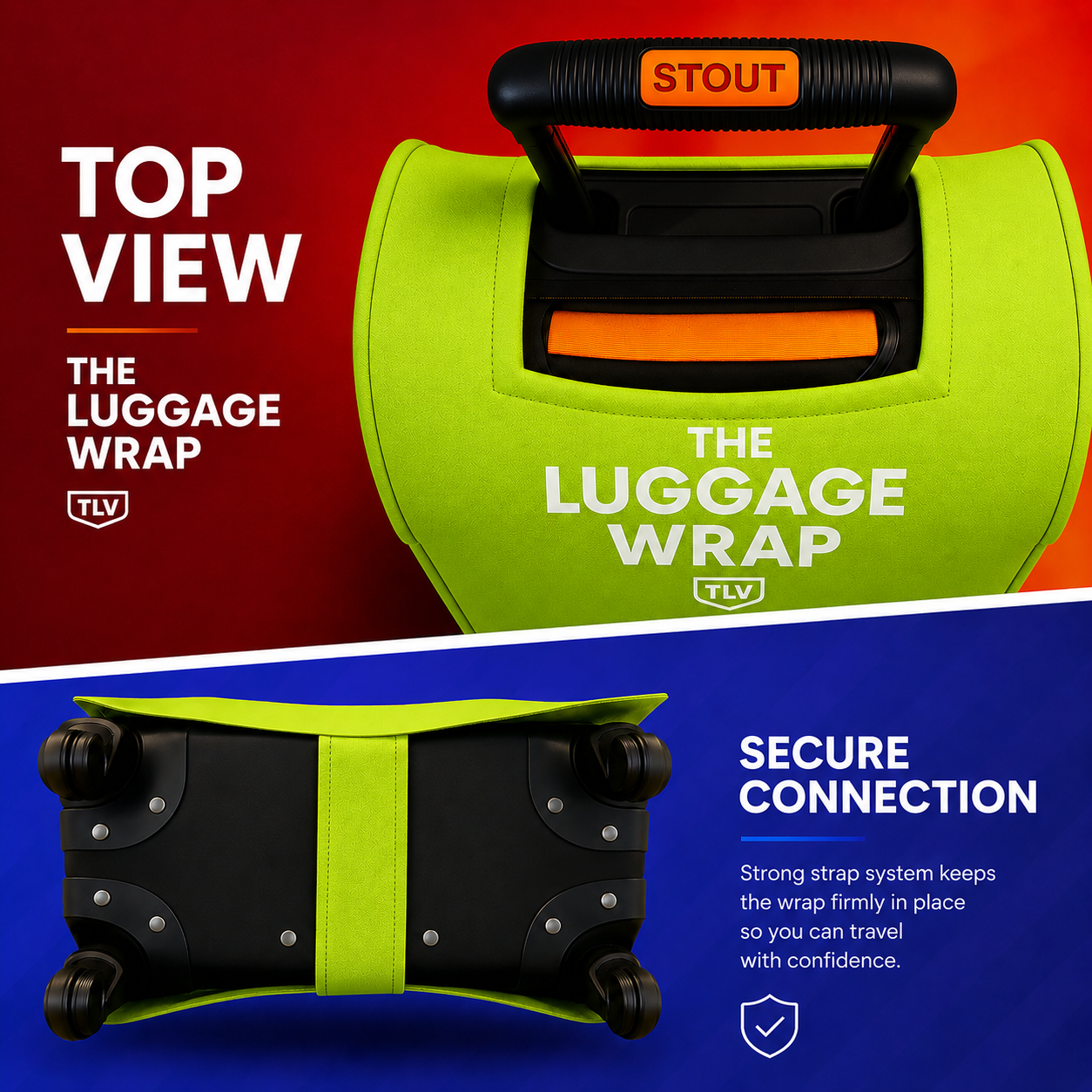 Vista superior e inferior de la funda para equipaje en color verde lima con el logotipo «STOUT» sobre un fondo rojo y azul