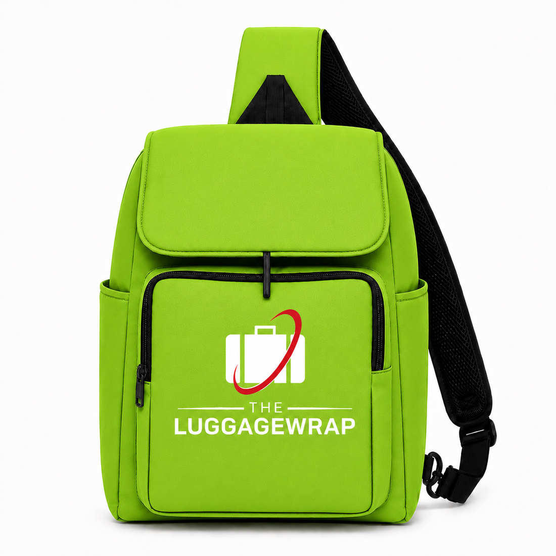 Sac à dos vert avec le logo « The Luggage Wrap » sur fond blanc