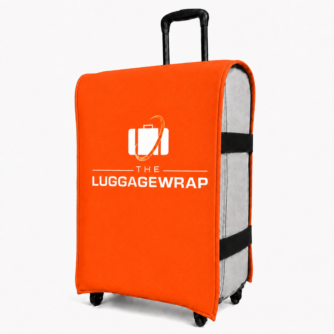Funda para maletas de color naranja con el logotipo de «The Luggage Wrap» sobre fondo blanco,