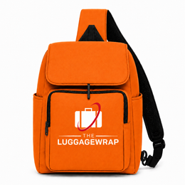 Sac à dos orange avec le logo « The Luggage Wrap » sur fond blanc