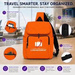 Un sac à dos de voyage orange LuggableWrap présenté sur une table avec plusieurs cercles et textes expliquant ses caractéristiques, notamment une poche à rabat avant, des poches latérales, une poche avant zippée, une bandoulière réglable et une conception légère et durable.