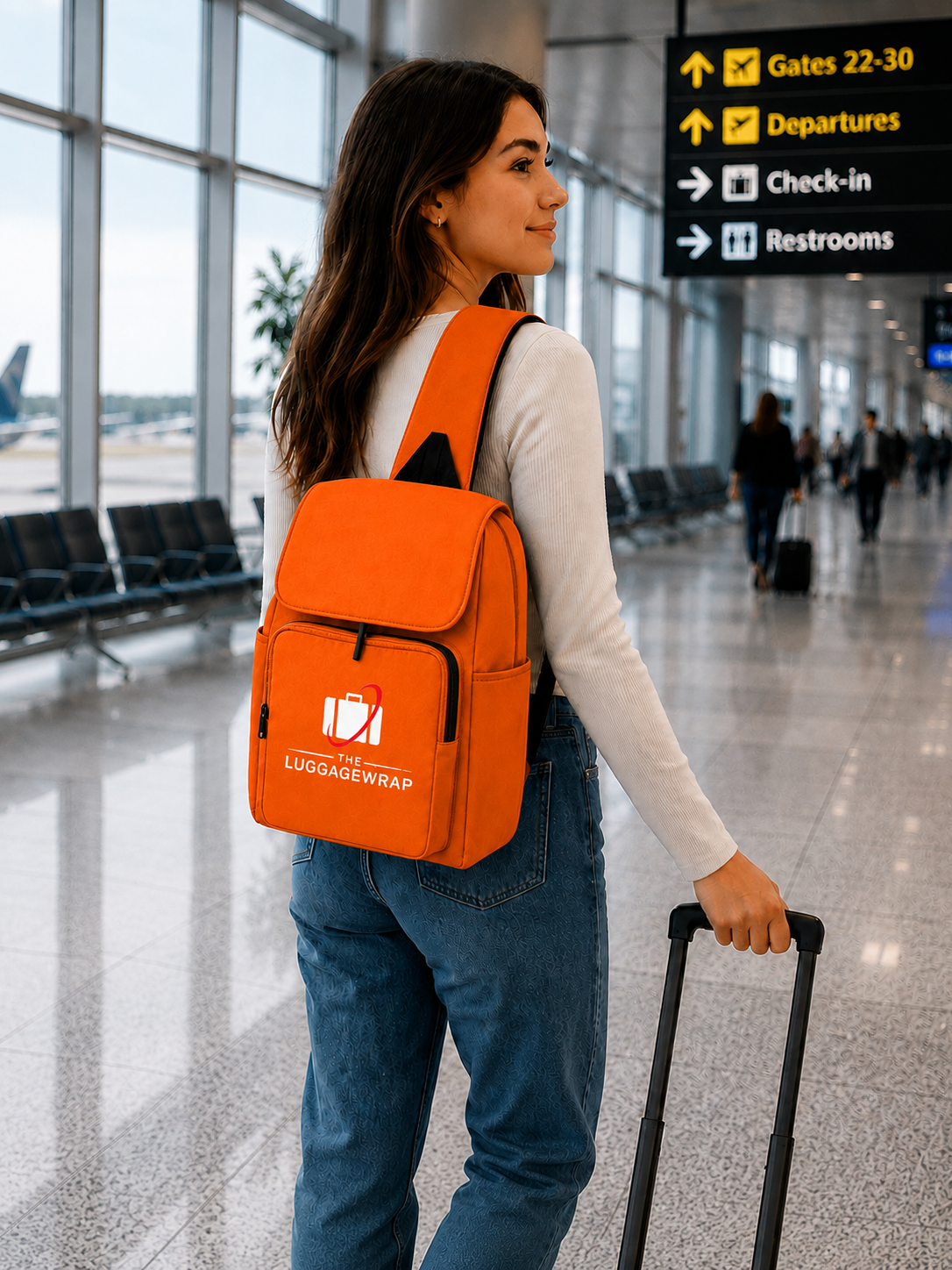 Une femme vêtue d'une chemise blanche à manches longues et d'un jean bleu se tient dans un terminal d'aéroport, tenant une valise à roulettes noire et portant un sac à dos LuggageWrap Sling Bag orange vif.