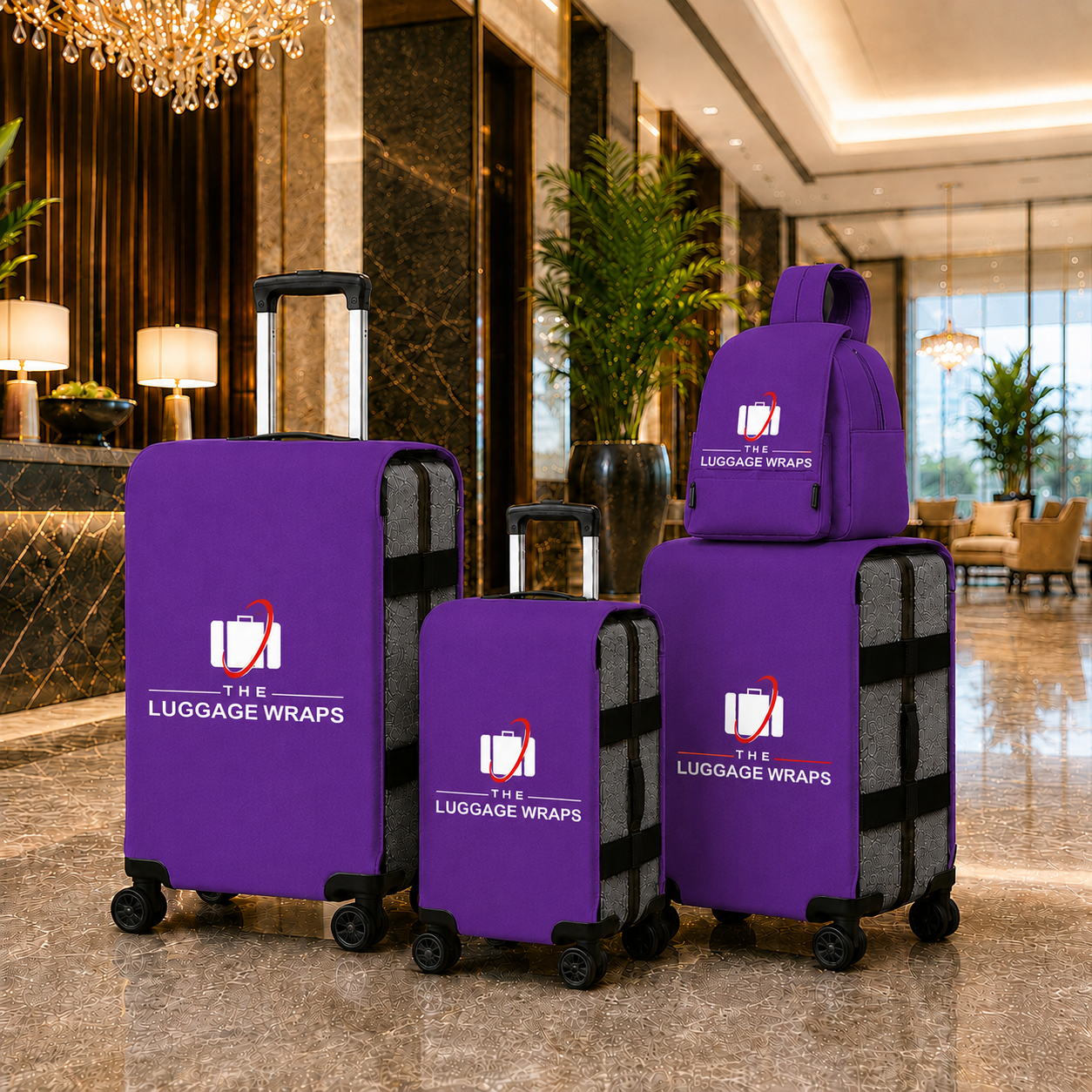 Trois enveloppes de bagages violettes montrées sur des valises à roulettes et un sac à dos assorti dans le hall d’un hôtel. Les enveloppes portent le logo de la marque « THE LUGGAGE WRAPS » imprimé en blanc et en rouge.