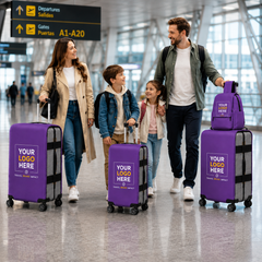 Una familia con fundas moradas para el equipaje en un aeropuerto, lista para viajar.