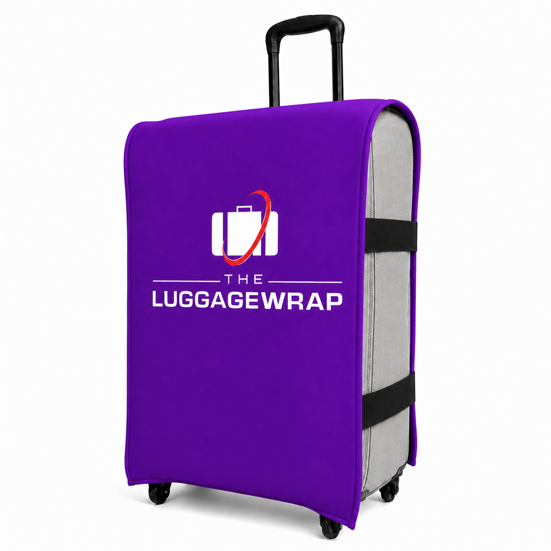 Funda para maletas de color morado con el logotipo de «The Luggage Wrap» sobre fondo blanco