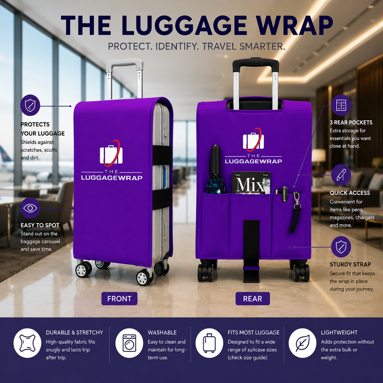 Funda morada para maleta, vista frontal y trasera, con detalles resaltados sobre un fondo difuminado de un aeropuerto