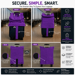 Funda para maleta de color morado con las características y ventajas mostradas sobre un fondo gris; cómo funciona