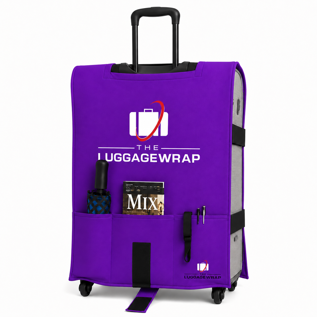 Envoltura para maletas de color morado en la parte trasera, con un icono de maleta y el logotipo «The Luggage Wrap» sobre un fondo blanco, sobre una maleta gris.