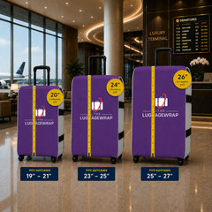 Tres fundas moradas para maletas que se muestran colocadas sobre maletas en la terminal de un aeropuerto, con indicaciones de tamaño para 19"-21", 23"-25" y 25"-27". Las fundas incluyen el dibujo de una cinta métrica amarilla y el texto «THE LUGAGEWRAP».