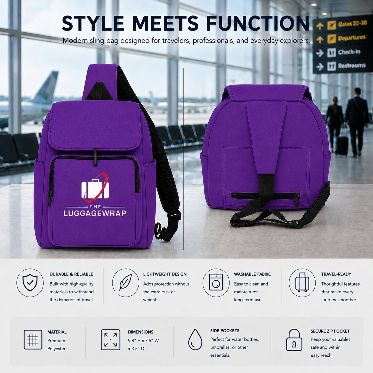 Sac à dos de voyage violet Luggagewrap montré à l’avant et à l’arrière dans un terminal d’aéroport, avec du texte marketing en haut et des icônes de caractéristiques en bas.