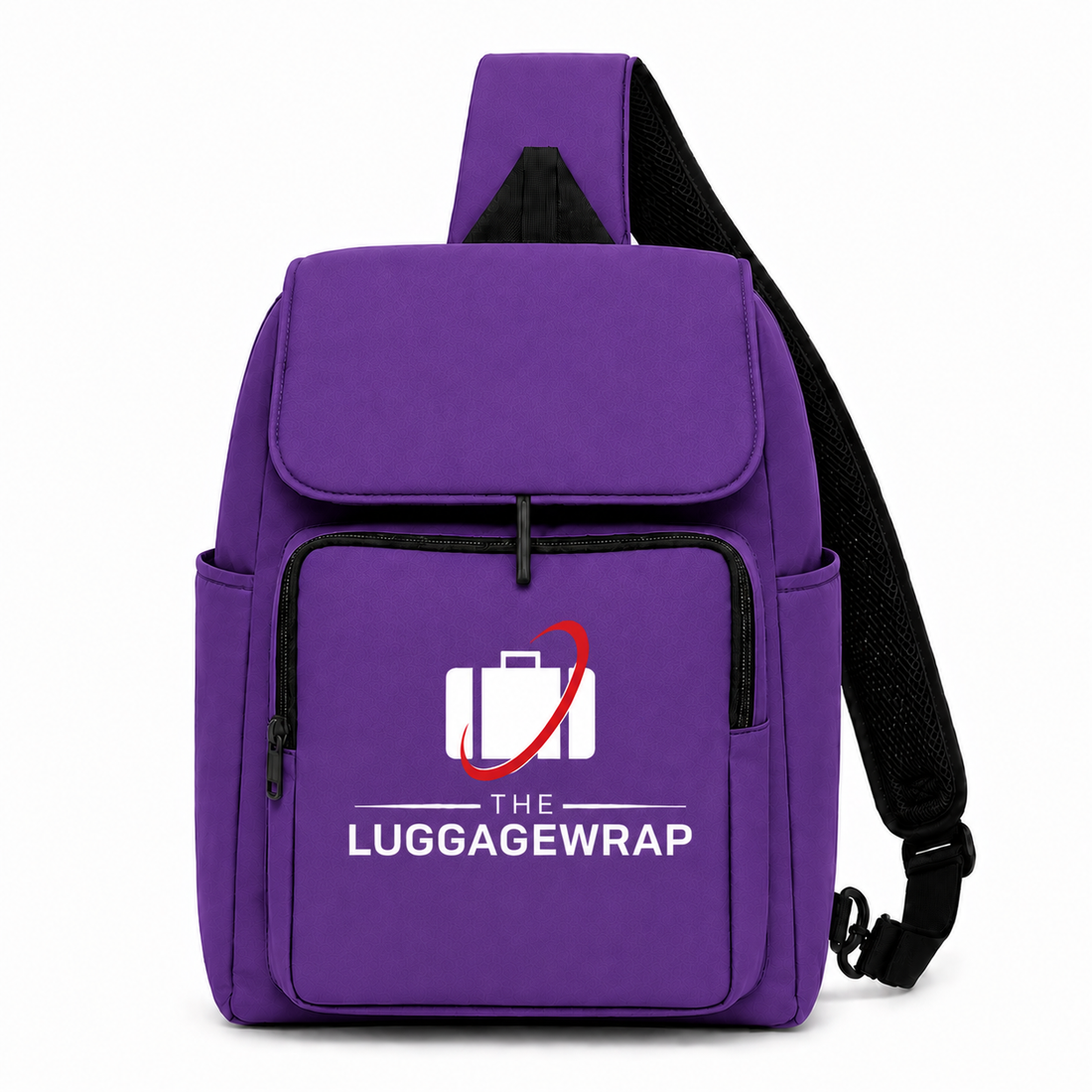 Sac à dos violet avec le logo « The Luggage Wrap » sur fond blanc