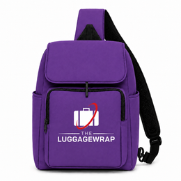 Sac à dos violet avec le logo « The Luggage Wrap » sur fond blanc