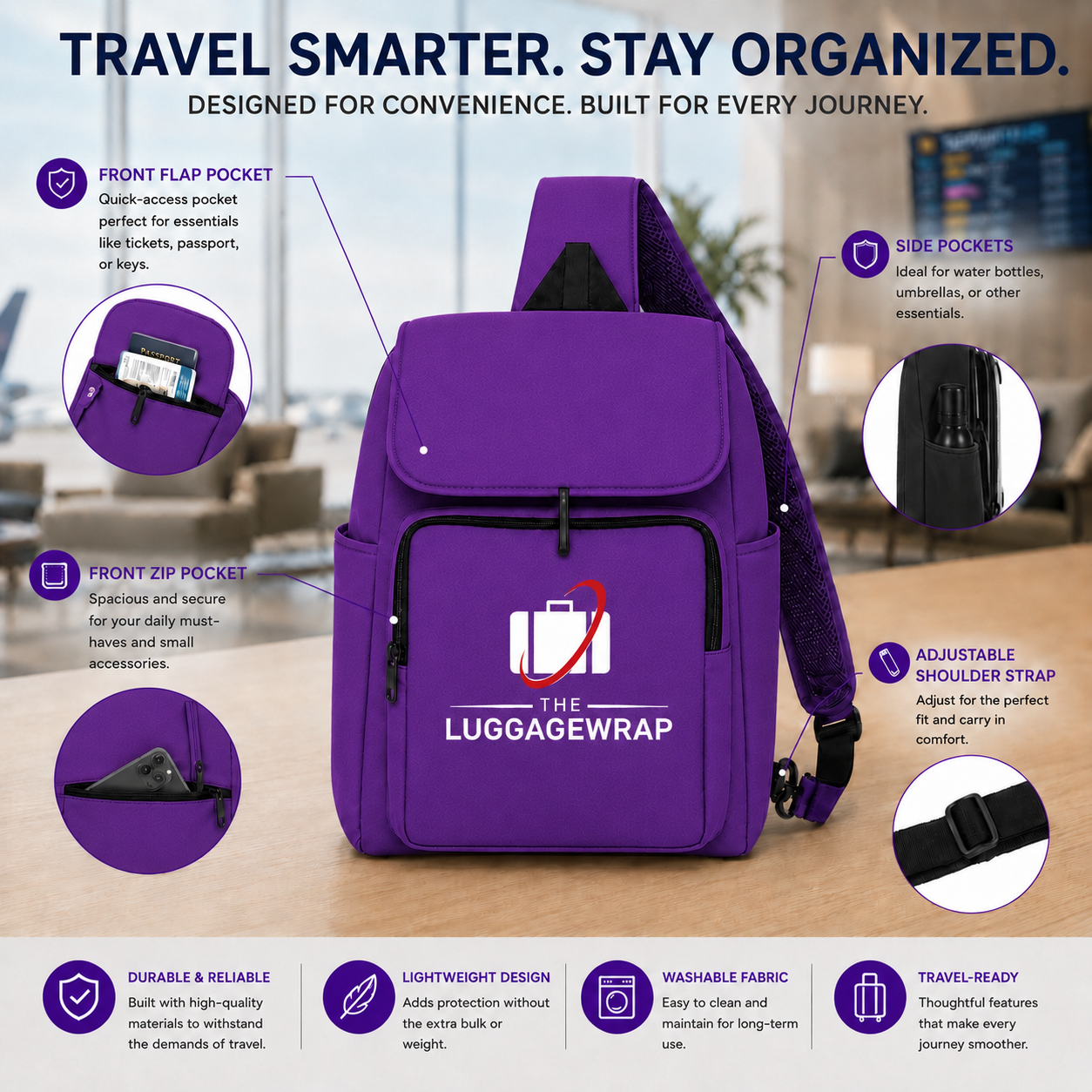 Violet Le sac à dos bandoulière The LuggageWrap montré sur une table en bois avec des indications et des cercles encastrés expliquant ses poches, sa sangle d’épaule et sa durabilité. L’image comprend du texte marketing en haut et en bas.