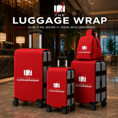 Fundas rojas para maletas con la marca «The Luggage Wrap» colocadas sobre maletas y una mochila en el vestíbulo de un hotel.