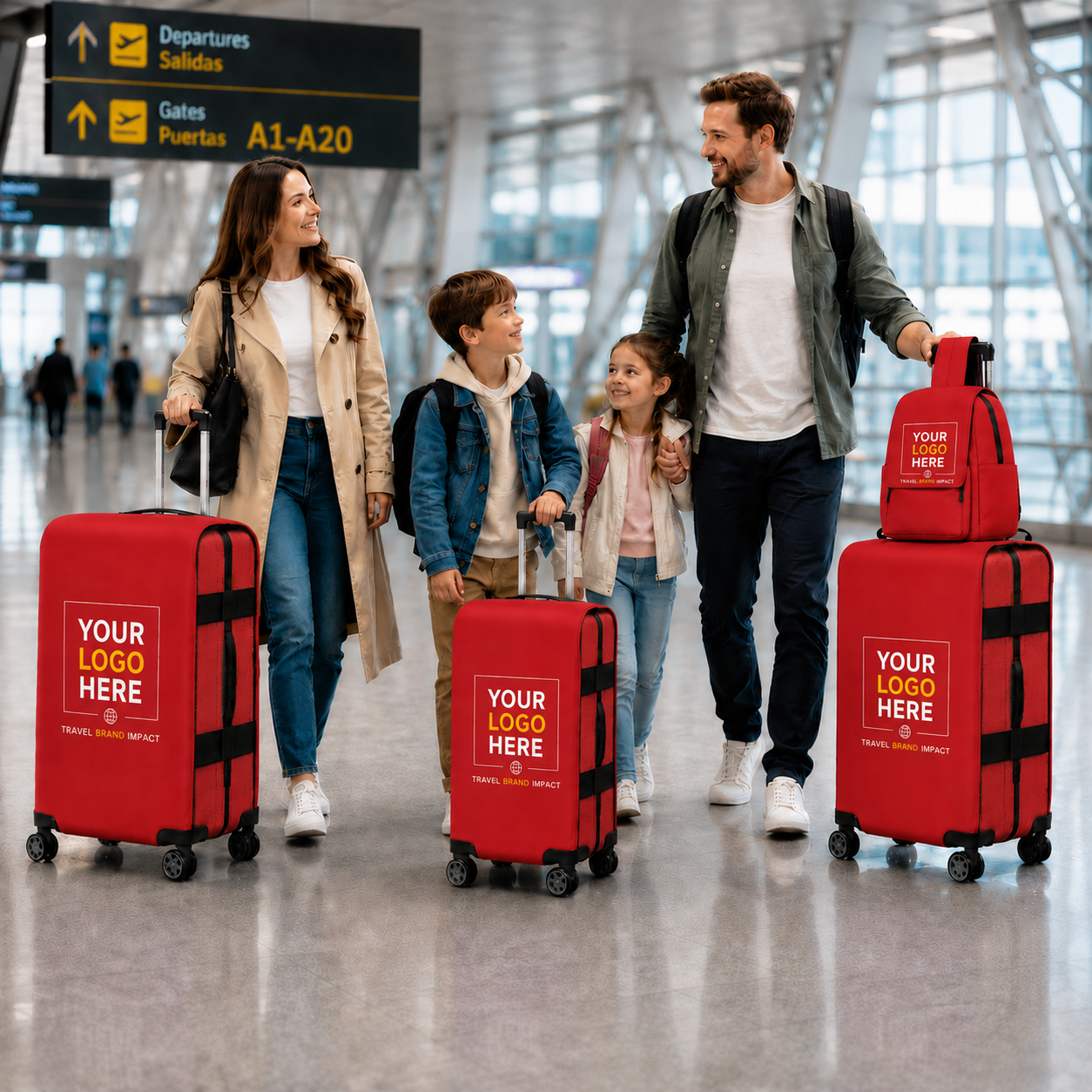 空港で、スーツケースに赤いラッピングを巻いた家族が、旅立ちの準備を整えている。