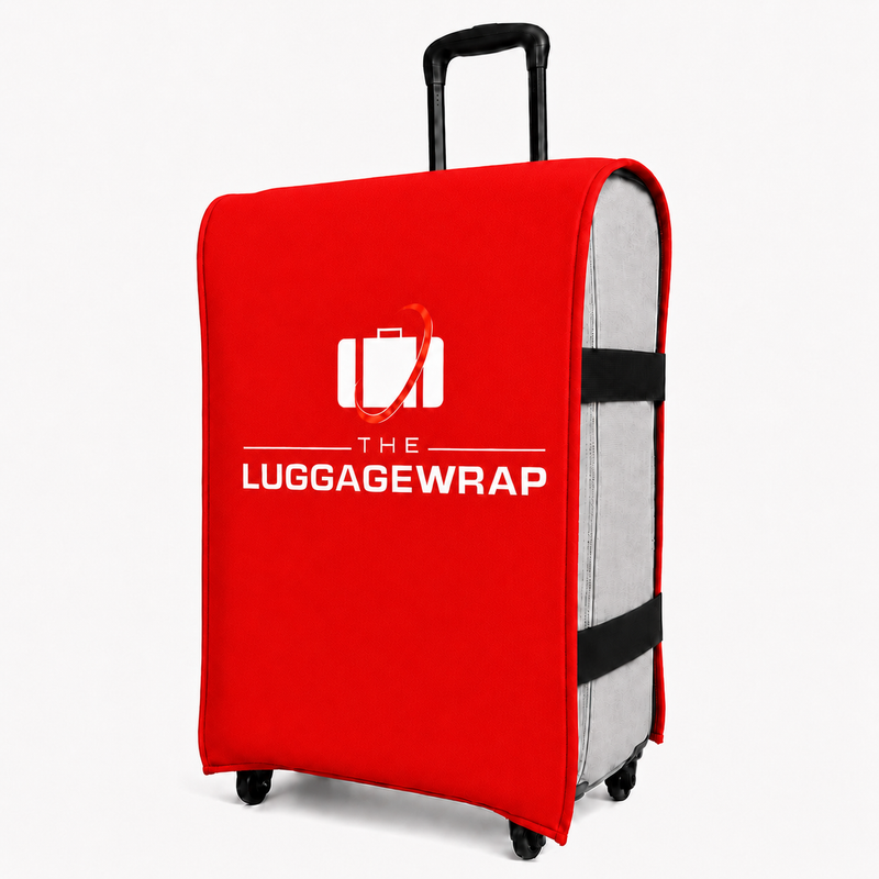 Red luggage wrap with 'The Luggage Wrap' logo on a white background
