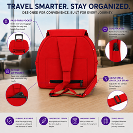 Un sac à dos rouge affiché sur une table avec des indications de caractéristiques et des cercles de détails intégrés autour du produit. L’image comprend des éléments de surbrillance de texte tels qu’une poche arrière pass-thru, des poches latérales, une poche zippée sécurisée, une sangle d’épaule ajustable et un tissu léger résistant à l’eau.