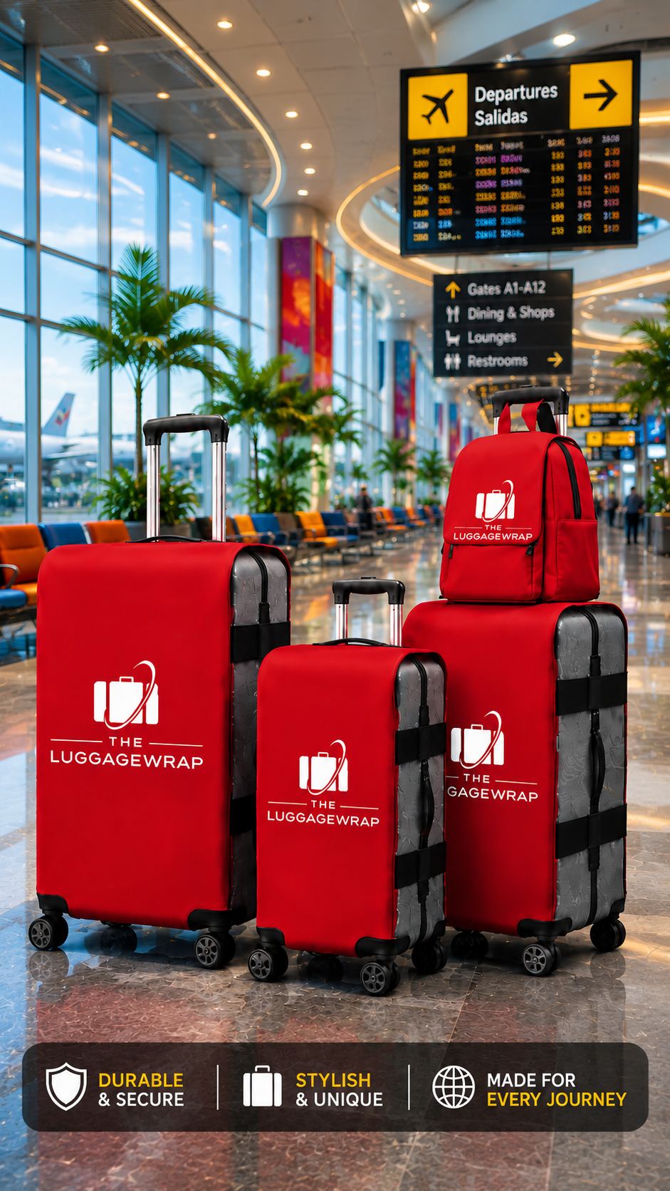Bright luggage wrap standing out at baggage claim