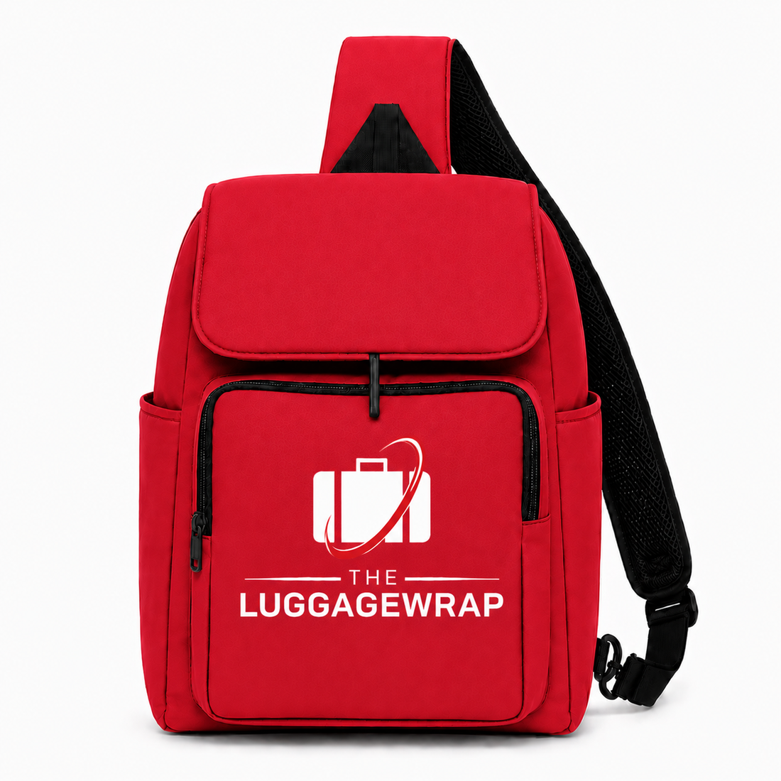 Sac à dos rouge avec le logo « The Luggage Wrap » sur fond blanc