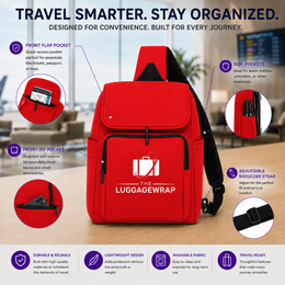 Une enveloppe de bagage rouge de style sac à dos montrée sur une table avec des indications et du texte expliquant ses poches, sa sangle d’épaule et sa durabilité. Le produit est au centre d’attention, mais l’image inclut aussi des graphismes explicatifs et un arrière-plan intérieur réel flou, donc cela correspond au style de vie plutôt qu’au produit/emballage.