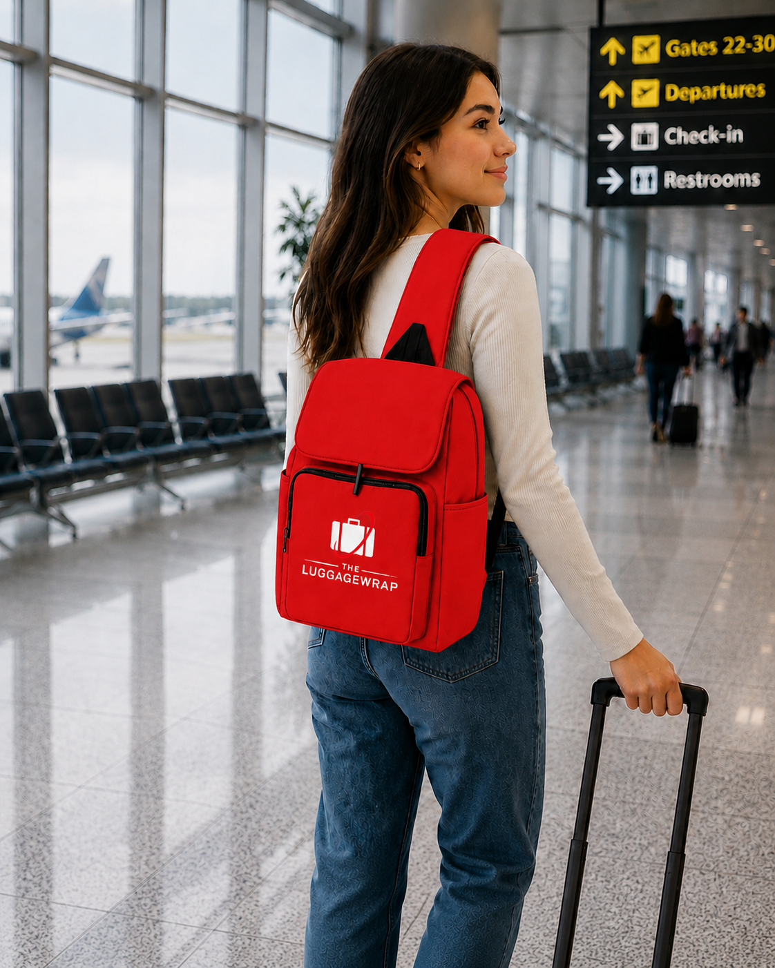 Une femme dans un salon de voyage portant un sac à dos rouge vif avec le logo Luggagewrap blanc, tenant une valise à roulettes noire.