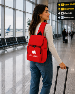Une femme dans un salon de voyage portant un sac à dos rouge vif avec le logo Luggagewrap blanc, tenant une valise à roulettes noire.