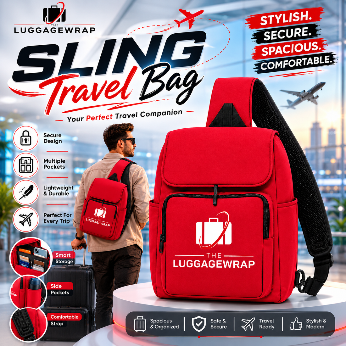 Red sling travel bag with Luggagewrap branding, shown with a man at an airport.