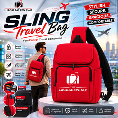 Bolso de viaje rojo tipo bandolera con el logotipo de Luggagewrap, en el que aparece un hombre en un aeropuerto.