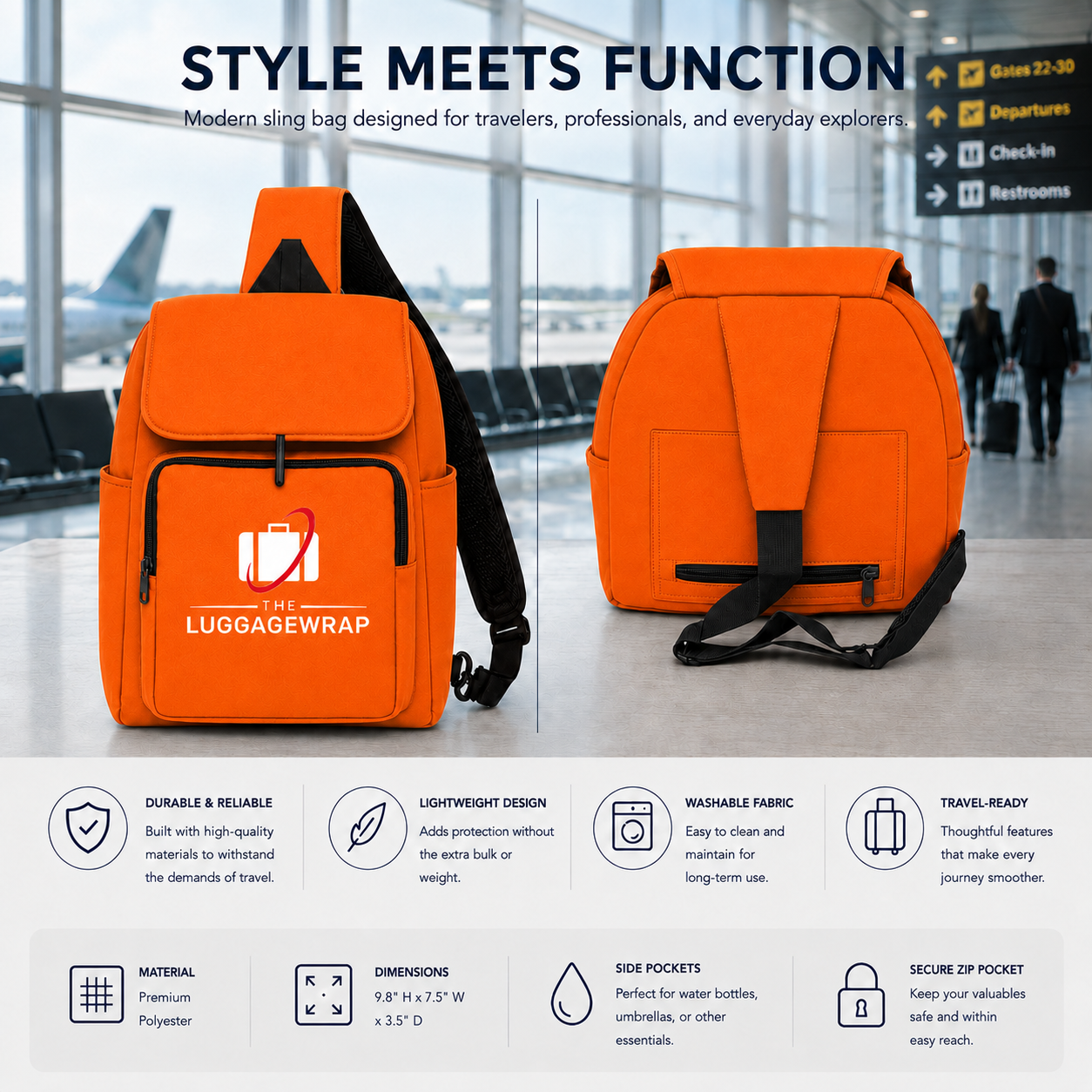 Sac à dos en bandoulière orange vif présenté de face et de dos sur un sol gris pâle, avec un terminal d'aéroport flou en arrière-plan et un texte publicitaire au-dessus. La partie inférieure comprend des icônes et des textes vantant ses caractéristiques, comme « résistant et fiable », « léger », « tissu lavable » et « idéal pour les voyages ».